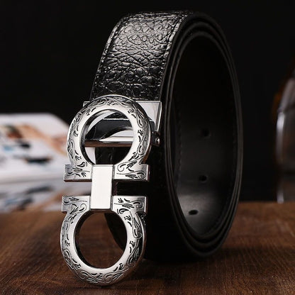 Vintage Engraved Double Ring Buckle Crocodile Grain Leather Belt