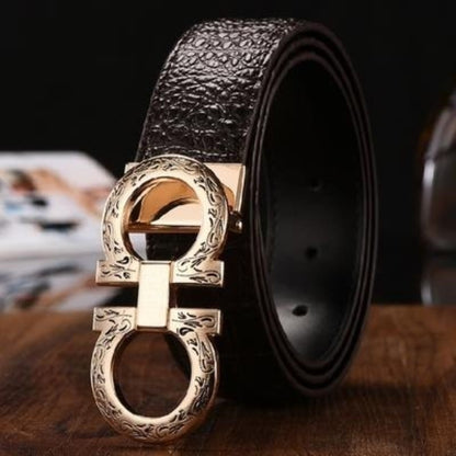 Vintage Engraved Double Ring Buckle Crocodile Grain Leather Belt