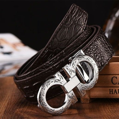 Vintage Engraved Double Ring Buckle Crocodile Grain Leather Belt