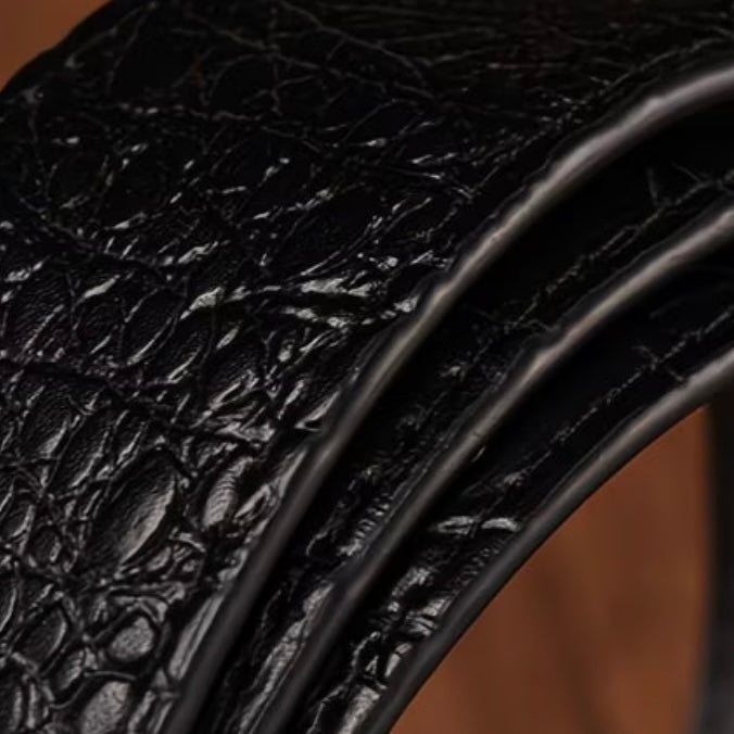Vintage Engraved Double Ring Buckle Crocodile Grain Leather Belt