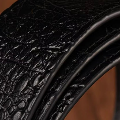 Vintage Engraved Double Ring Buckle Crocodile Grain Leather Belt