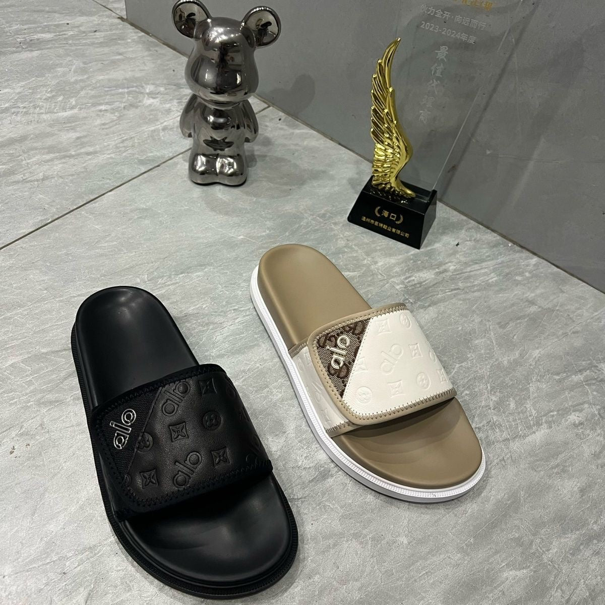 Embossed Patchwork Velcro Slide Sandals