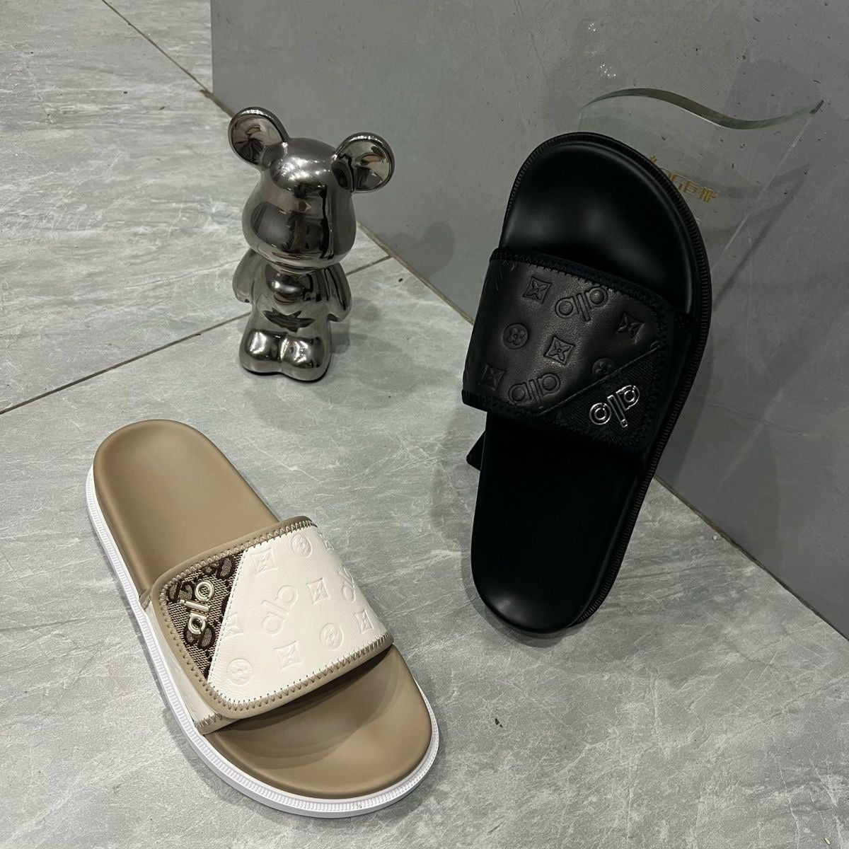 Embossed Patchwork Velcro Slide Sandals