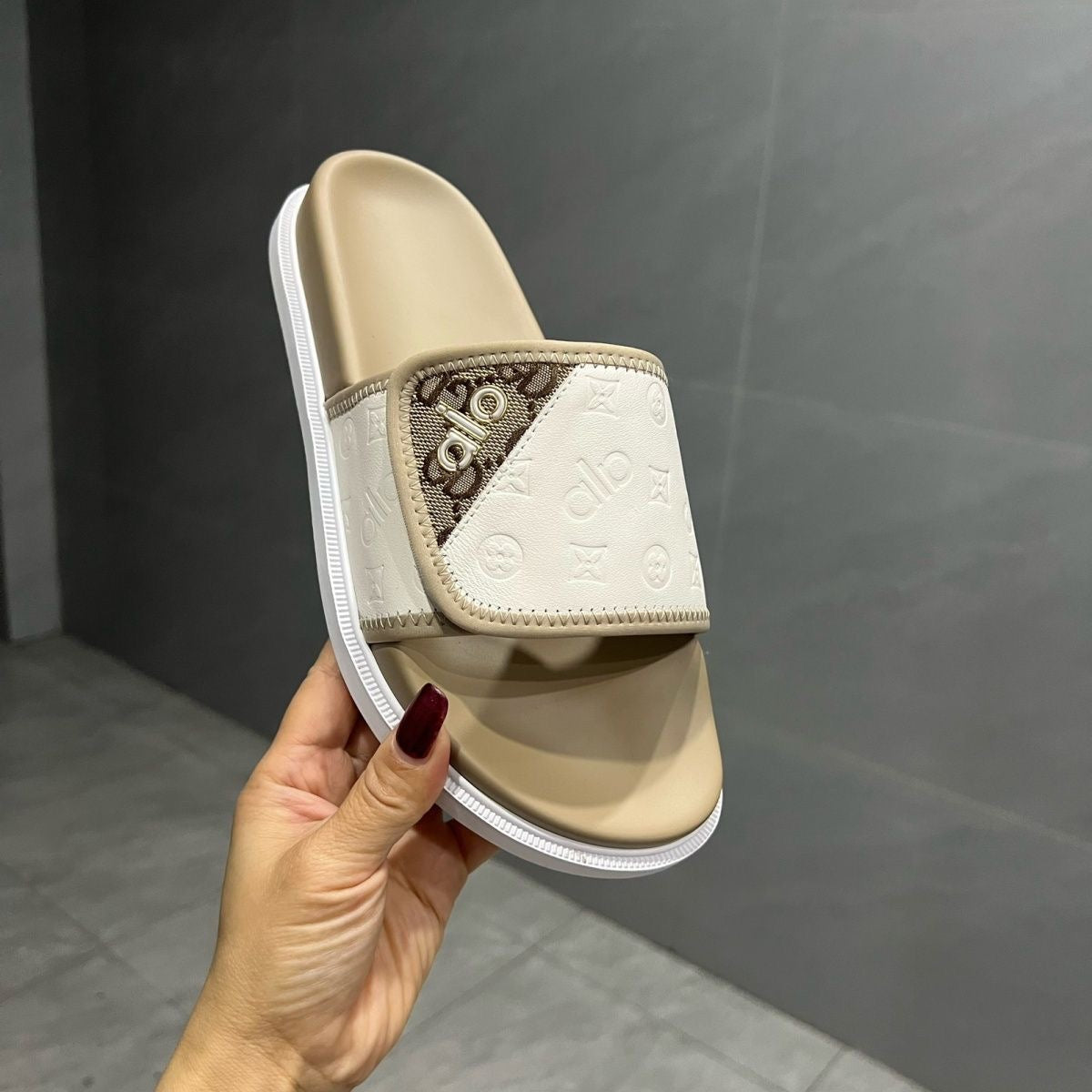 Embossed Patchwork Velcro Slide Sandals