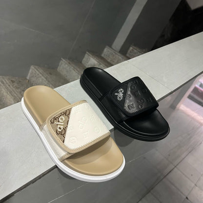 Embossed Patchwork Velcro Slide Sandals