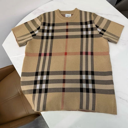 Classic Contrast Plaid Crew Neck Knit Short Sleeve Top