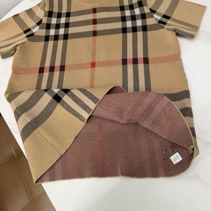 Classic Contrast Plaid Crew Neck Knit Short Sleeve Top