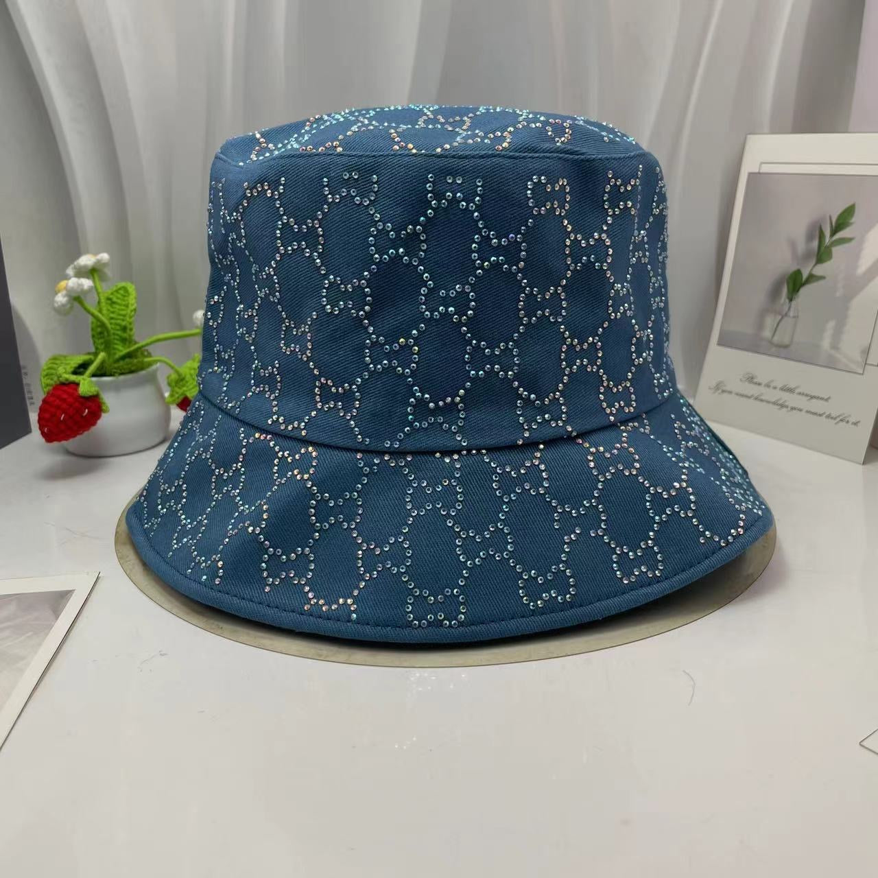 Luxury Full Rhinestone Lattice Bucket Hat, Multicolor Sparkling Sun Hat