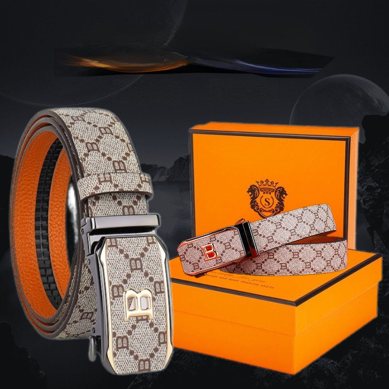 Men's Business Automatic Buckle Belt, Vintage Check Pattern Casual Waist Strap