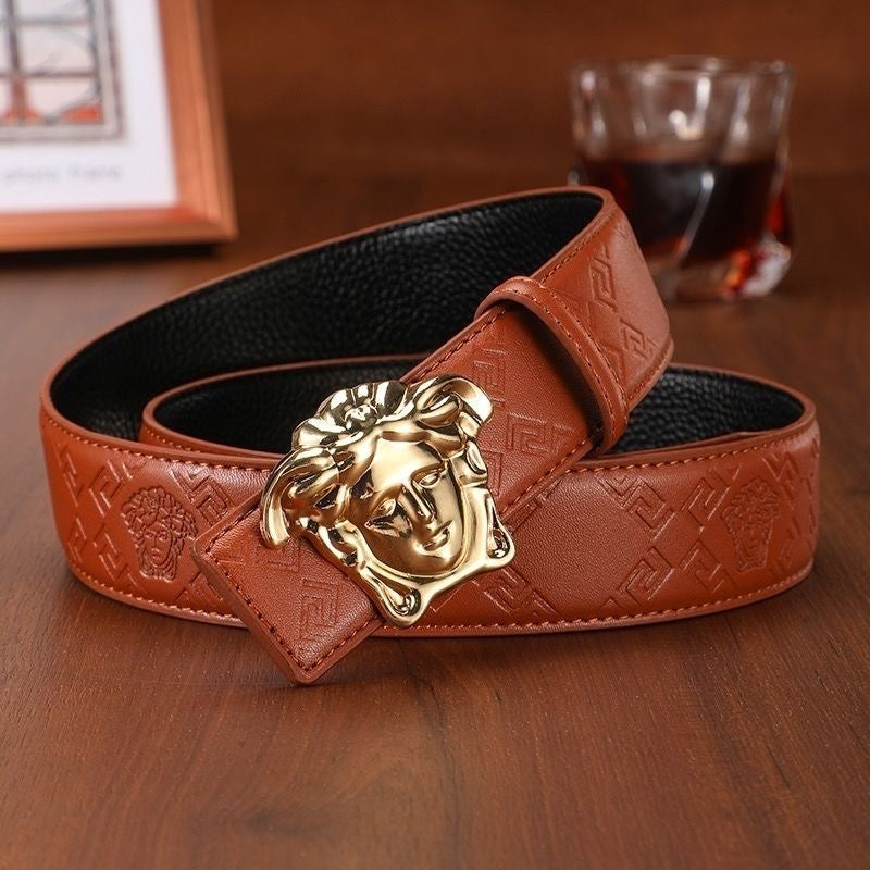 Men's Cowhide Belt with 3D Portrait Buckle & Embossed Pattern, Luxury Business Waist Strap