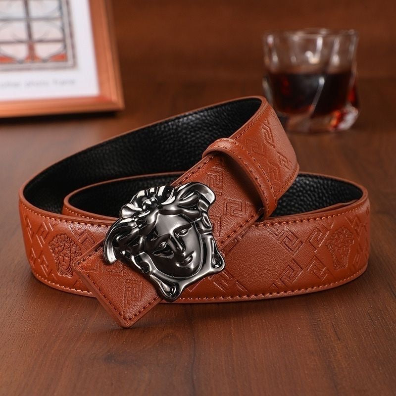Men's Cowhide Belt with 3D Portrait Buckle & Embossed Pattern, Luxury Business Waist Strap