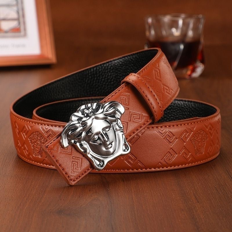 Men's Cowhide Belt with 3D Portrait Buckle & Embossed Pattern, Luxury Business Waist Strap