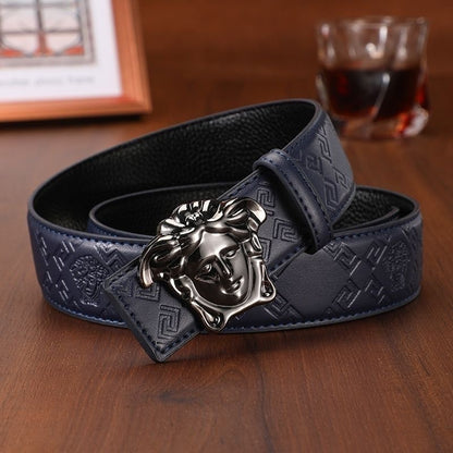 Men's Cowhide Belt with 3D Portrait Buckle & Embossed Pattern, Luxury Business Waist Strap
