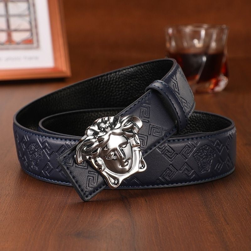 Men's Cowhide Belt with 3D Portrait Buckle & Embossed Pattern, Luxury Business Waist Strap
