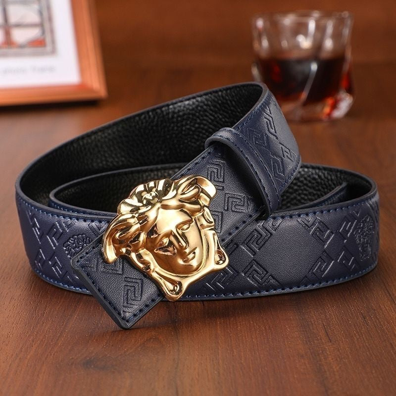 Men's Cowhide Belt with 3D Portrait Buckle & Embossed Pattern, Luxury Business Waist Strap