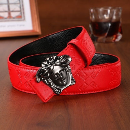 Men's Cowhide Belt with 3D Portrait Buckle & Embossed Pattern, Luxury Business Waist Strap