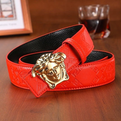 Men's Cowhide Belt with 3D Portrait Buckle & Embossed Pattern, Luxury Business Waist Strap