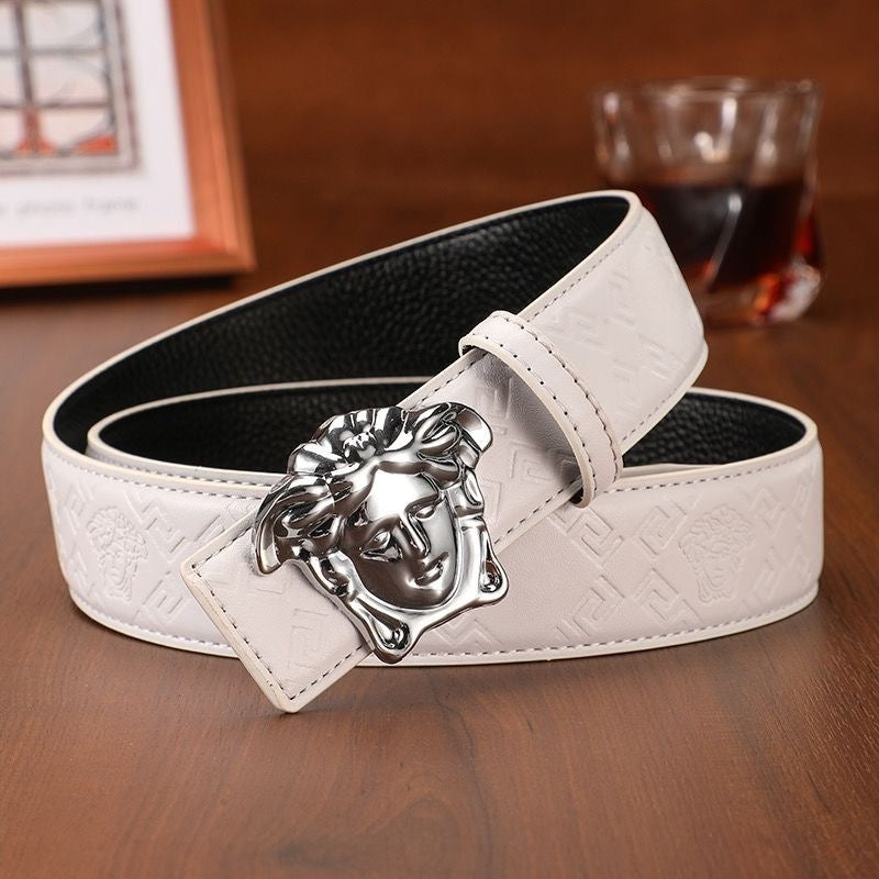 Men's Cowhide Belt with 3D Portrait Buckle & Embossed Pattern, Luxury Business Waist Strap