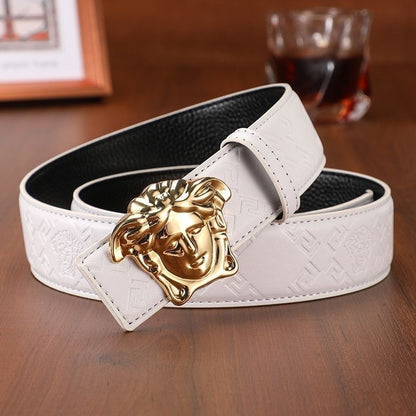 Men's Cowhide Belt with 3D Portrait Buckle & Embossed Pattern, Luxury Business Waist Strap