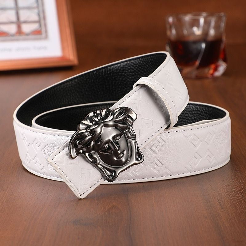 Men's Cowhide Belt with 3D Portrait Buckle & Embossed Pattern, Luxury Business Waist Strap