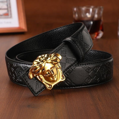 Men's Cowhide Belt with 3D Portrait Buckle & Embossed Pattern, Luxury Business Waist Strap