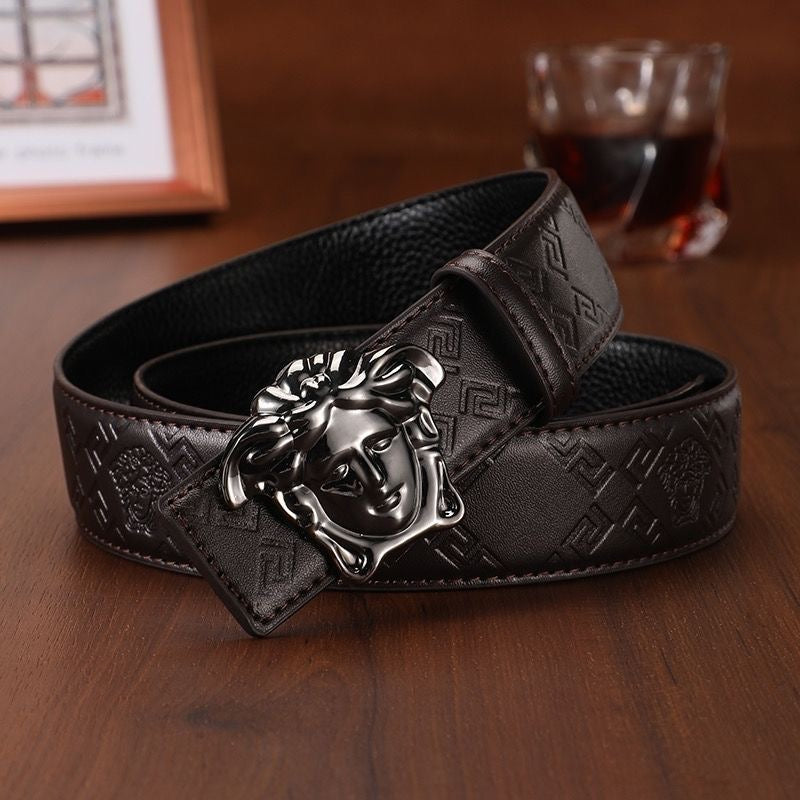 Men's Cowhide Belt with 3D Portrait Buckle & Embossed Pattern, Luxury Business Waist Strap