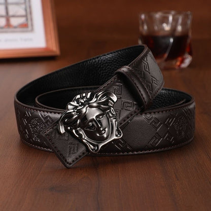 Men's Cowhide Belt with 3D Portrait Buckle & Embossed Pattern, Luxury Business Waist Strap