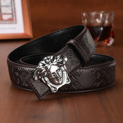 Men's Cowhide Belt with 3D Portrait Buckle & Embossed Pattern, Luxury Business Waist Strap