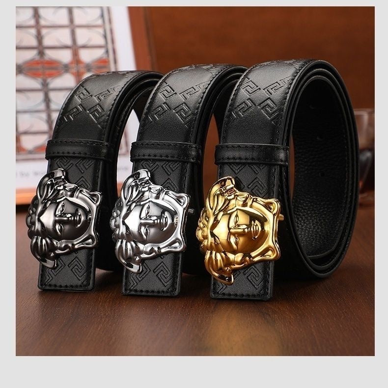 Men's Cowhide Belt with 3D Portrait Buckle & Embossed Pattern, Luxury Business Waist Strap