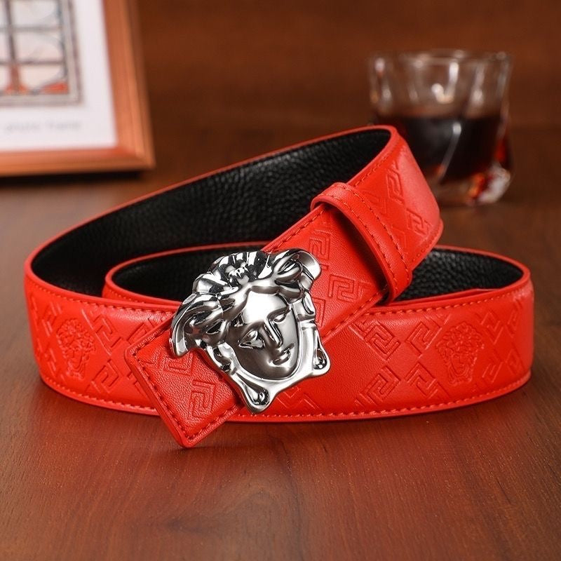 Men's Cowhide Belt with 3D Portrait Buckle & Embossed Pattern, Luxury Business Waist Strap