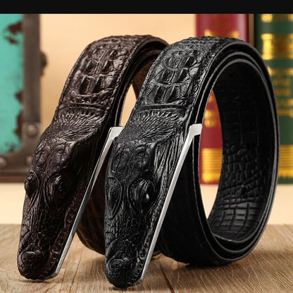 Men's 3D Crocodile Head Automatic Buckle Belt, Embossed Cowhide Luxury Business Waistband