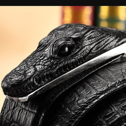 Men's 3D Crocodile Head Automatic Buckle Belt, Embossed Cowhide Luxury Business Waistband