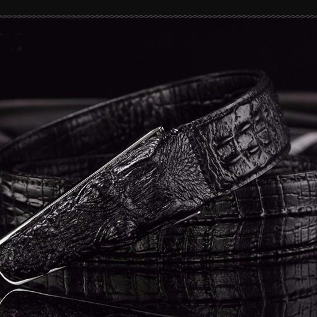 Men's 3D Crocodile Head Automatic Buckle Belt, Embossed Cowhide Luxury Business Waistband