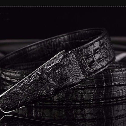 Men's 3D Crocodile Head Automatic Buckle Belt, Embossed Cowhide Luxury Business Waistband