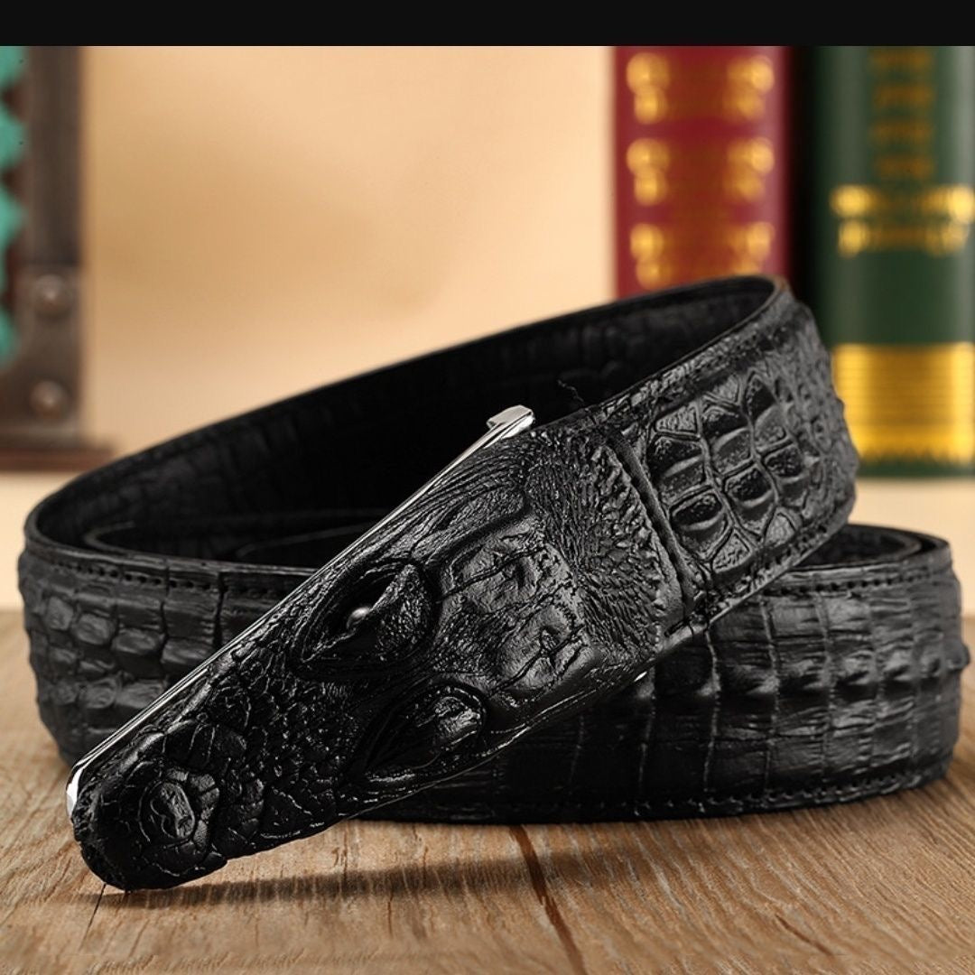 Men's 3D Crocodile Head Automatic Buckle Belt, Embossed Cowhide Luxury Business Waistband