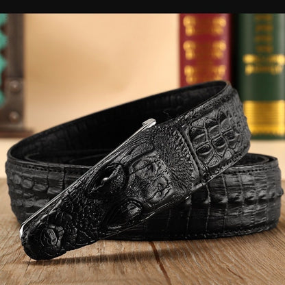 Men's 3D Crocodile Head Automatic Buckle Belt, Embossed Cowhide Luxury Business Waistband