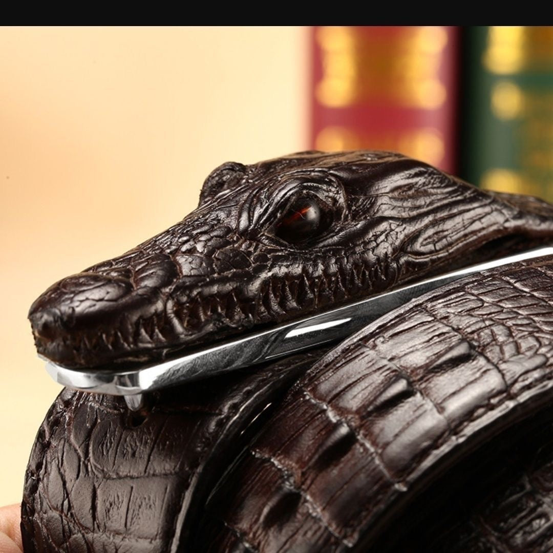 Men's 3D Crocodile Head Automatic Buckle Belt, Embossed Cowhide Luxury Business Waistband