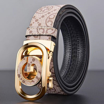 Men's Double G Hollow Automatic Buckle Belt, Vintage All Over Print Business Casual Waist Strap