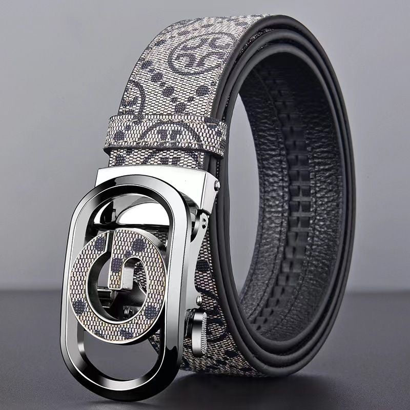 Men's Double G Hollow Automatic Buckle Belt, Vintage All Over Print Business Casual Waist Strap
