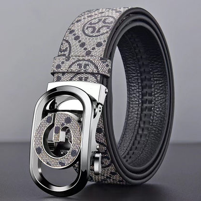 Men's Double G Hollow Automatic Buckle Belt, Vintage All Over Print Business Casual Waist Strap