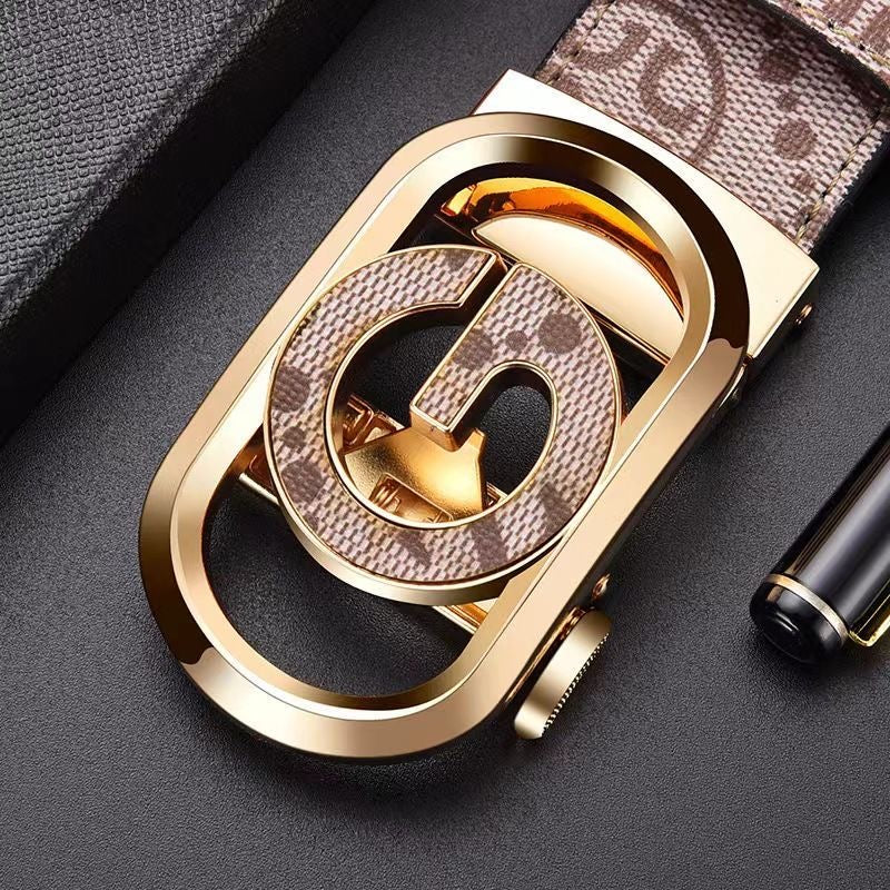 Men's Double G Hollow Automatic Buckle Belt, Vintage All Over Print Business Casual Waist Strap