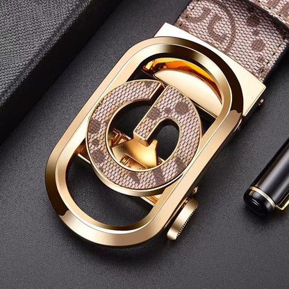 Men's Double G Hollow Automatic Buckle Belt, Vintage All Over Print Business Casual Waist Strap
