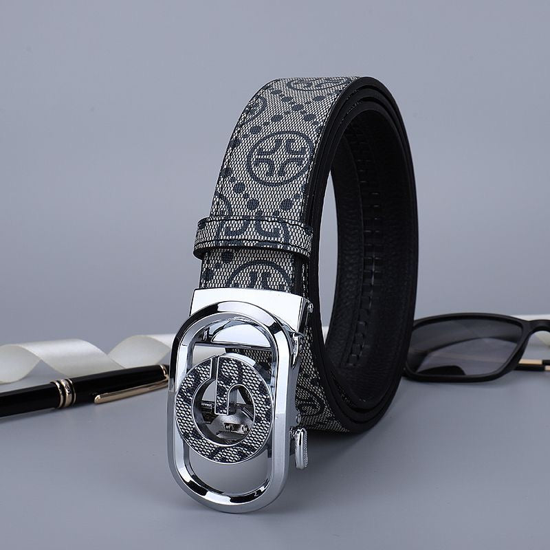Men's Double G Hollow Automatic Buckle Belt, Vintage All Over Print Business Casual Waist Strap