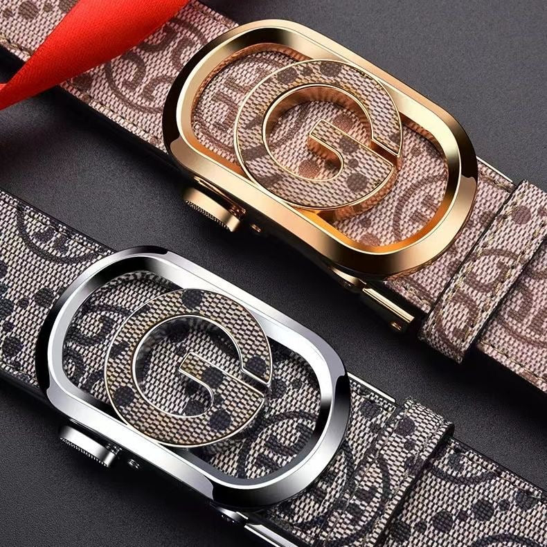 Men's Double G Hollow Automatic Buckle Belt, Vintage All Over Print Business Casual Waist Strap