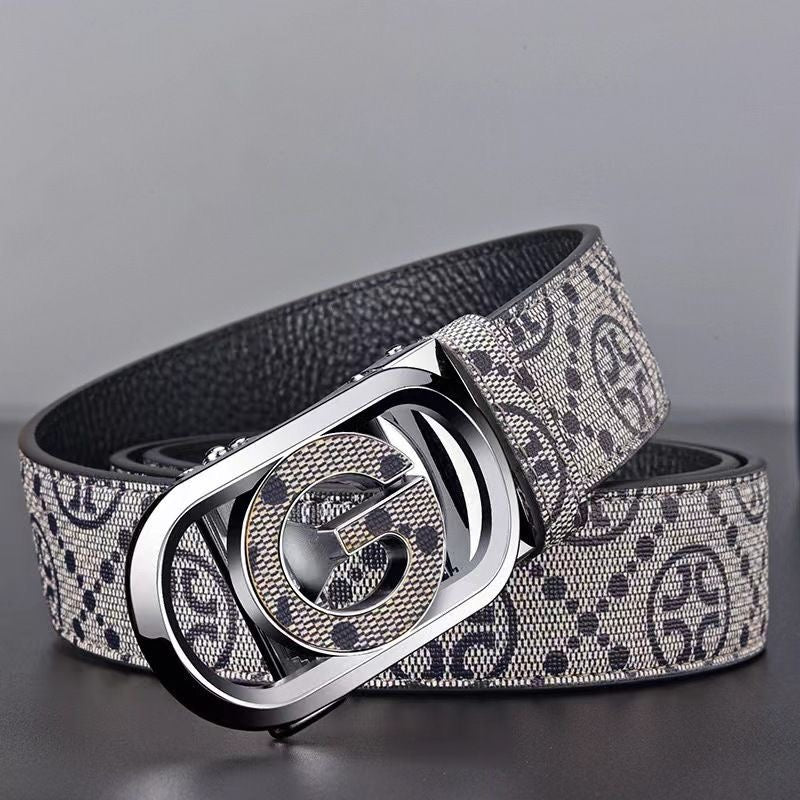 Men's Double G Hollow Automatic Buckle Belt, Vintage All Over Print Business Casual Waist Strap