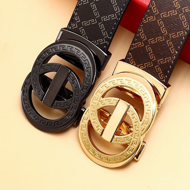 Men's Double Loop Geometric Auto Buckle Belt, Vintage Full Print Business Casual Waist Belt