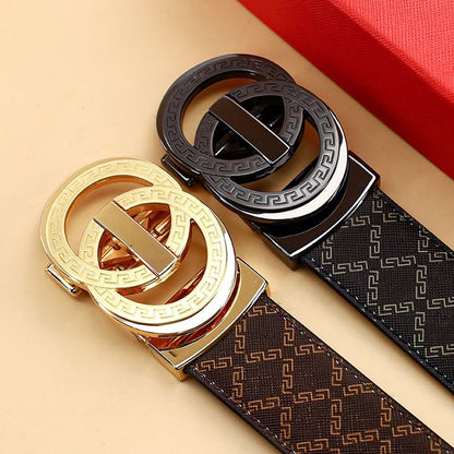 Men's Double Loop Geometric Auto Buckle Belt, Vintage Full Print Business Casual Waist Belt