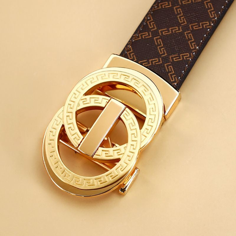 Men's Double Loop Geometric Auto Buckle Belt, Vintage Full Print Business Casual Waist Belt