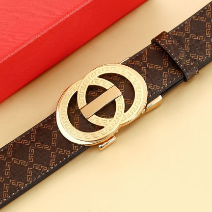 Men's Double Loop Geometric Auto Buckle Belt, Vintage Full Print Business Casual Waist Belt