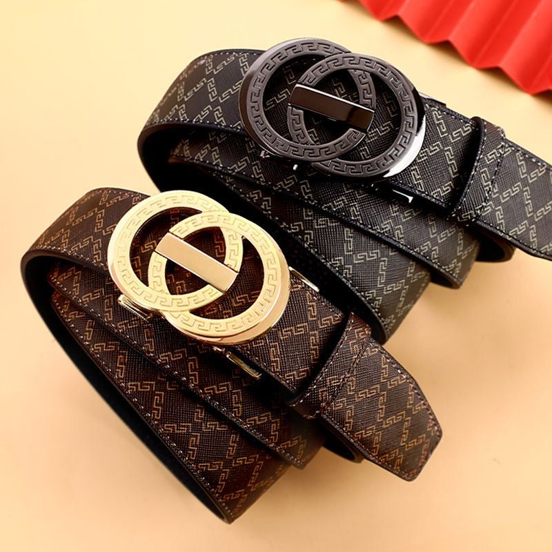 Men's Double Loop Geometric Auto Buckle Belt, Vintage Full Print Business Casual Waist Belt